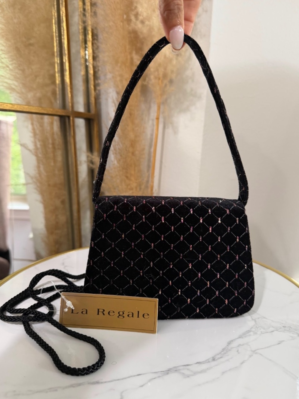 La Regale Black Shimmering Pink Velvet Evening Structure Mini Bag Purse Handbag